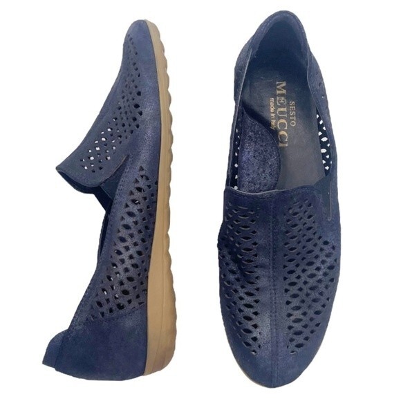 Sesto Meucci Byrna Perforated Navy Blue Calf Leather Comfy Loafer Size 5.5 - Picture 1 of 16
